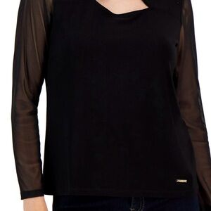 Nine West Black Open Chest Mesh Sleeved Top